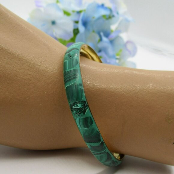 Vintage Malachite Inlaid Bracelet Golden Brass Bangle Green Stone - Picture 4 of 9